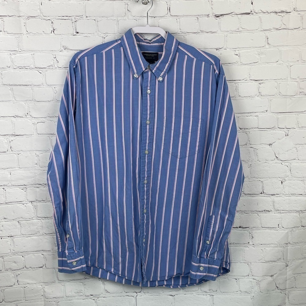 American Eagle Shirt Men’s Large Button-Up Blue Striped Long Sleeve